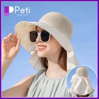 เครื่องประดับ PETI หมวกชายหาดแบบจีบผูกโบว์ป้องกันคอ Topi Bucket แสงแดดพร้อมผ้าคลุมไหล่หมวกชายทะเลผู้หญิง