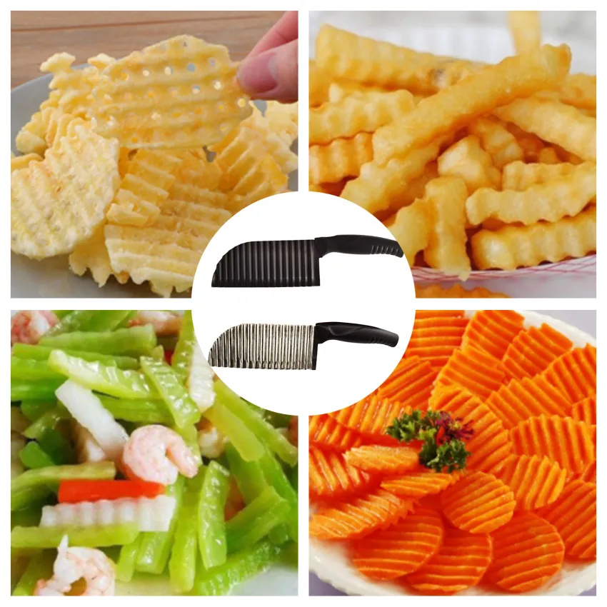 Crinkle Potato Cutter - 2.9 x 11.8 Stainless Steel French Fries Slicer Handheld Chipper Chopper Potato Carrot Chopping Knife Home Kitchen Wavy