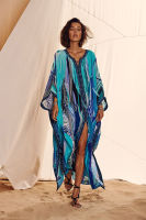 Fitshinling Print Split Straight Kaftan Beach Long Dress Women Bohemian Lace Up Overized Robe Blue Loose Pareos Maxi Dresses New