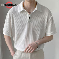 KYUSHUAD ผู้ชายเสื้อโปโลแขนสั้นผู้ชายสไตล์เบาและคุ้นเคยถักเสื้อยืดปกบางเสื้อโปโลผู้ชาย