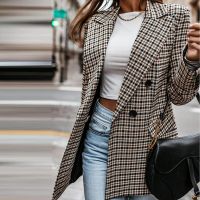 Women Plaid Blazers Double Breasted Long Sleeve Loose Blazer Notched Elegant Office Ladies Tops Casual Streetwear Autumn Fashion