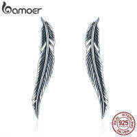 BAMOER Authentic 925 Sterling Silver Vintage Feather Wings Cuff Drop Earrings for Women Sterling Silver Earrings Jewelry SCE258