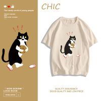 CHIC ผ้าฝ้ายแท้ เสื้อยืดแขนสั้นพิมพ์ลายแมวขโมย สไตล์สบาย ๆ T0588