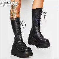 สไตล์โกธิคหนา Soled รองเท้ายาวสำหรับผู้ขับขี่รถจักรยานยนต์รองเท้าที่อยู่ด้านล่างเข่าหัวใหญ่บางรองเท้าสูงสำหรับผู้หญิง