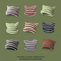 【YD】 2022 New Beanie Hat Ins Little Striped Knitted Wool Cap and Ears Pointed Pullover Womens Hats