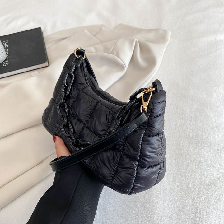 ready-กระเป๋าทรงกระเป๋าสตางค์สตรีทำจากผ้าไนลอนสำหรับฤดูหนาว-กระเป๋าผ้าคอตตอนบุนวมแบบลำลองสีพื้นสำหรับช้อปปิ้งของเด็กผู้หญิง