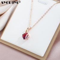 SYOUJYO Trendy Fashion Square Garnet Red Natural Zircon Necklace for Women 585 Rose Gold Color Pendant Necklace Crystal Flower