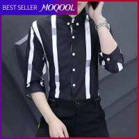 MOQOOL เสื้อเชิ้ตผู้ชายฤดูร้อน Ice Silk แขนกลางริ้วรอย Casual Slim Fit ธุรกิจแฟชั่นแขนสั้นเสื้อลาย