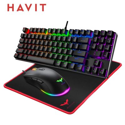 HAVIT KB486L Mechanical Gaming Keyboard 4800DPI 6 Button Mouse and Mouse Pad Kit RGB Backlight Red Switches 89 Keys Keypad