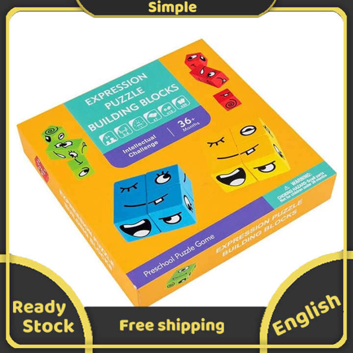 Wooden Magic Cube Face Pattern, Funny Expression Puzzle, Colorful Cube Building Blocks