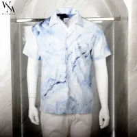 เสื้อเชิ้ตฮาวายแขนสั้น ผ้าไหมอิตาลี 100% (ไอซบลู) : Hawaii ICE-BLUE Marble Shirt Short-sleeved