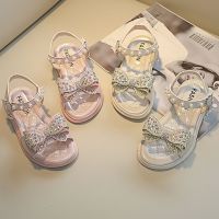 2023 Kids New Flat Sandals Bow Rhinestone Girls Princess Summer Shoes Children Open Toe Pearl Beach Sandals Size 26-36 CSH1267