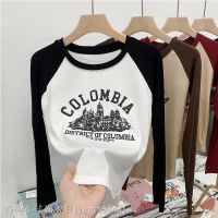 ❂ American retro contrast color slim long-sleeved T-shirt 2023 spring and autumn niche personality curved hem pure desire sweet top