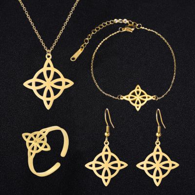 【lz】►☒✼  Witch Knot Jewelry Set para Mulheres Colar Pulseira Brinco Anéis Aço Inoxidável Amuleto de Bruxaria Presente da Moda 4 Pcs