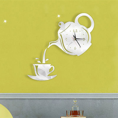 DANDEA นาฬิกากาน้ำชาสร้างสรรค์สำหรับตกแต่งบ้านนาฬิกานาฬิกาตกแต่งรูปลอกติดผนังกระจกอะคริลิค DIY ห้องรับแขกห้องนอนนาฬิกาเงียบ