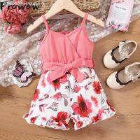 ♣Fbvgfh MALL Prowow 2-6Y Pink Girl Jumpsuit สำหรับ V-Neck จัมเปอร์ชุดรอมเปอร์สปาเก็ตตี้บอดี้สูทพร้อมเข็มขัด