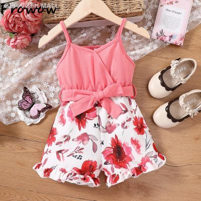 ♣Fbvgfh MALL Prowow 2-6Y Pink Girl Jumpsuit สำหรับ V-Neck จัมเปอร์ชุดรอมเปอร์สปาเก็ตตี้บอดี้สูทพร้อมเข็มขัด