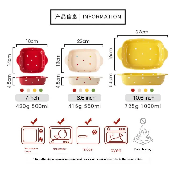 7/8.6/10.6 inch Polka Dot Baking Tray Binaural Baked Rice Pan Ceramic  Cheese Pasta Microwave