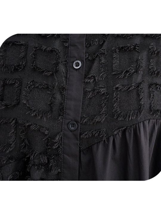 xitao-dress-black-long-sleeve-asymmetrical-short-tassel-shirt-dress