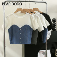 เสื้อยืดแขนสั้นถักสองชิ้นสำหรับผู้หญิง PEAR DODO สไตล์เกาหลีแขนสั้นคอกลม