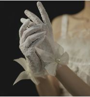 ▥ Womens Delicate Bridal Gloves for Wedding Wrsit Length Pearls Organza Bow Pageant Prom Gloves Finger Dots Tulle bride gloves