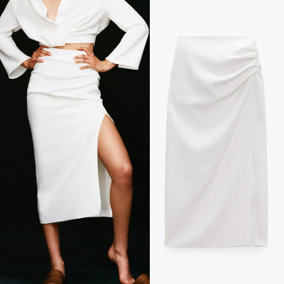 TRAF Za White Pencil Skirt Women 2021 High Waist Long Skirts Woman Summer Pleated Split Midi Skirt Ruched Elegant Skirts