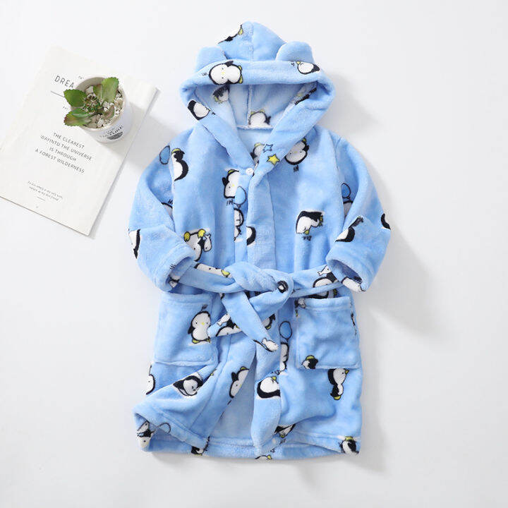 Cartoon Children's Robe Flannel Baby Bathrobe Long Sleeve Hooded Kids