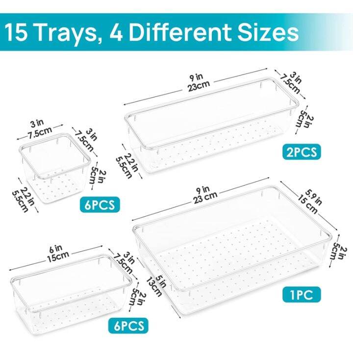 15pcs-clear-plastic-drawer-organizer-set-4-size-versatile-bathroom-and-vanity-drawer-organizer-trays-storage-bins