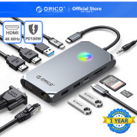 Orico ฮับ USB C RGB พร้อม HDMI คู่ 4K60Hz VGA DP อีเธอร์เน็ต 100W PD SD TF usb c hub 2 hdmi For Macbook Pro