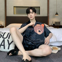 Summer Korean Men Pajamas Sets Sleepwear Home Clothes Thin Silk Pijama Suit Loungewear Loose Bear Male Pyjama Clothing