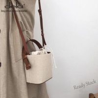 【Ready Stock】 ┇ C23 Dela 2022 spring and summer new ins popular canvas and leather bucket bag contrast color small bag one shoulder messenger female bag