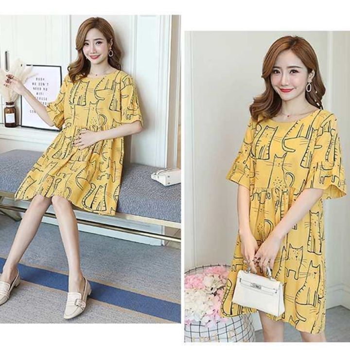 womens-plus-size-maternity-dress-korean-style-cartoon-printed-round-neck-short-sleeve-midi-dress-pattern-casual-summer-loose-fit-dress-for-lady