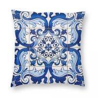 [FAZOZO Home Textile Store] สมัยเก่าคลาสสิก Lisbon Blue Azulejo ปลอกหมอนกระเบื้องโพลีเอสเตอร์ลินินกำมะหยี่ปลอกหมอนอิงตกแต่งปลอกหมอนรถ