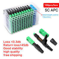 100 PCS Embedded SC APC Fiber Optic Fast Connector FTTH Single Mode Fiber Optic SC Quick Connector Green Adapter Field Assembly