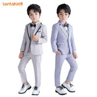 lontakidsชุดสูทเด็กผู้ชาย,สูท5ชิ้นเสื้อ กางเกง เสื้อกั๊ก เสื้อเชิ้ต โบว์หูกระต่ายชุดทางการเคลือบสีเทาสีน้ำเงินสำหรับเด็กวัยหัดเดินเสื้อคลุมงานแต่งงานชุดทักซิโดบุรุษสำหรับงานเลี้ยงวันเกิดเปียโนโฮสต์เวทีเสื้อผ้าสำหรับพูดชุดเครื่องแต่ง