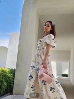 P017-002 PIMNADACLOSET - Short Puff Sleeve Square Neck Floral Print Maxi Dress