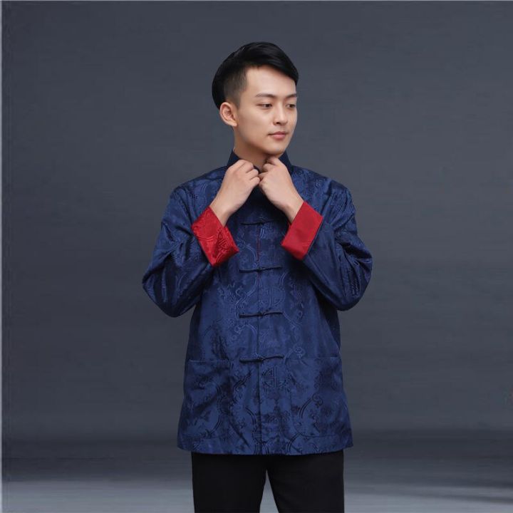 ชุดจีนโบราณชุดจีนสำหรับผู้ชายเสื้อแจ็คเก็ตเสื้อคู่คอปกชุดกี่เพ้าเสื้อย้อนยุคข่าวปีเสื้อผ้า