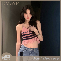 DMYP เสื้อสายเดี่ยวคล้องคอแต่งพู่สุดเซ็กซี่สำหรับฤดูร้อนเสื้อกล้ามแบบถักเปลือยหลังแขนกุดผู้หญิงแบบกลวง