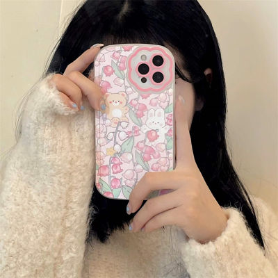 Early Spring Pink Flower Bear Rabbit Phone Case Suitable for iPhone 13 Pink Painted Phone Case Suitable for iPhone 11 Promax Cute Cartoon Phone Case Suitable for iPhone 12