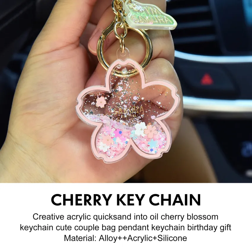Creative Acrylic Quicksand Into Oil Cherry Blossom Key Chain Cute
