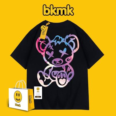 ❒❇ Bkmk เสื้อยืดแขนสั้น ผ้าฝ้าย ทรงหลวม ลายหมีหน้ายิ้ม สไตล์ฮิปฮอป แฟชั่นฤดูร้อน สําหรับคู่รัก