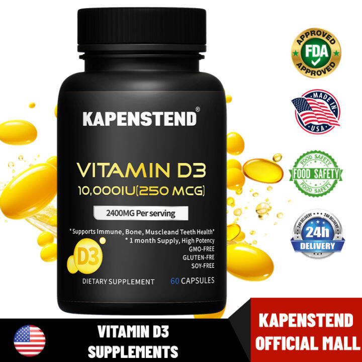 Vitamin D capsules 10000iu (250 mcg) for Healthy Muscle Function, and