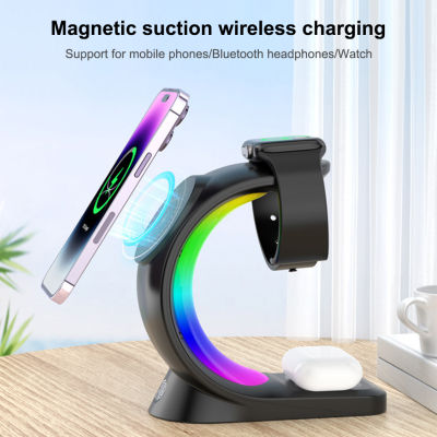 4 In 1 RGB Light Magnetic Wireless Charger Stand สำหรับ 14 13 12 Air Pod Watch QC3.0 Fast Charging Dock Station ที่วางศัพท์