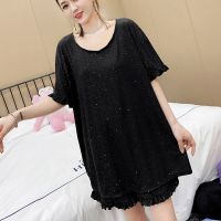 Size 8XL 150KG 2pcset Sequins Pajama Suit Female Sleepwear Women Plus Size Pajama Sets Short Sleeve Summer Nightwear