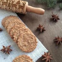 New Leaf Christmas Deer Wooden Rolling Pin Embossing Baking Cookies Noodle Biscuit Fondant Cake Dough Patterned Roller Snowflake