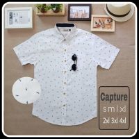 Capture Shirt เสื้อเชิ้ตผู้ชาย คอปก แขนสั้น oxford ลายแมลงปอ สีขาว มีถึงอก 48 นิ้ว