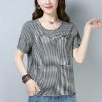 Korean Loose Cotton and Linen Plain Plaid Women Blouse Plus Size Womens Top