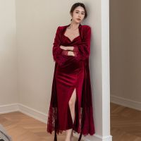 Twinset Velour Lace Robe Gown Set Women Kimono Bathrobe Casual Home Wear Outfits Spring Sleepwear Nightdress Loungewear