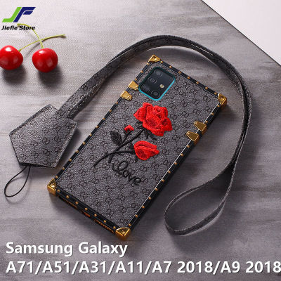 เคสโทรศัพท์ภาพดอกไม้ปักรูปดอกกุหลาบ JieFie 3D สำหรับ Samsung Galaxy A71 / A51 / A31 / A11 / A12/M12ขอบชุบสุดหรูฝาหลังทรงสี่เหลี่ยม + สายคล้อง