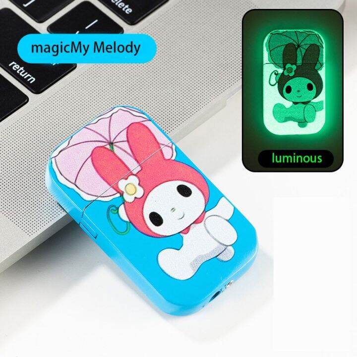 zzooi-kawaii-sanrio-anime-hello-kitty-windproof-luminous-lighter-cinnamoroll-my-melody-metal-lighter-creativity-girl-gift